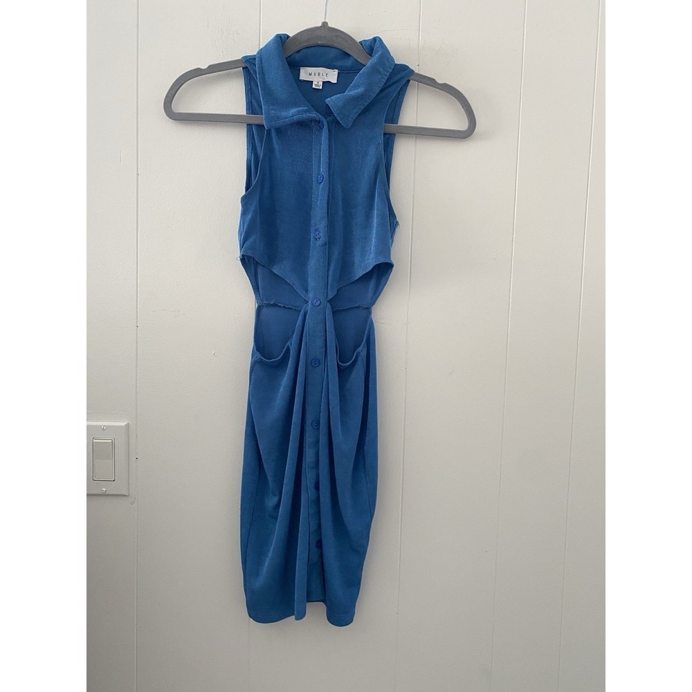 MABLE Royal Blue Ribbed Cutout Button Up Midi Dress Size‎ S Sleeveless Collared